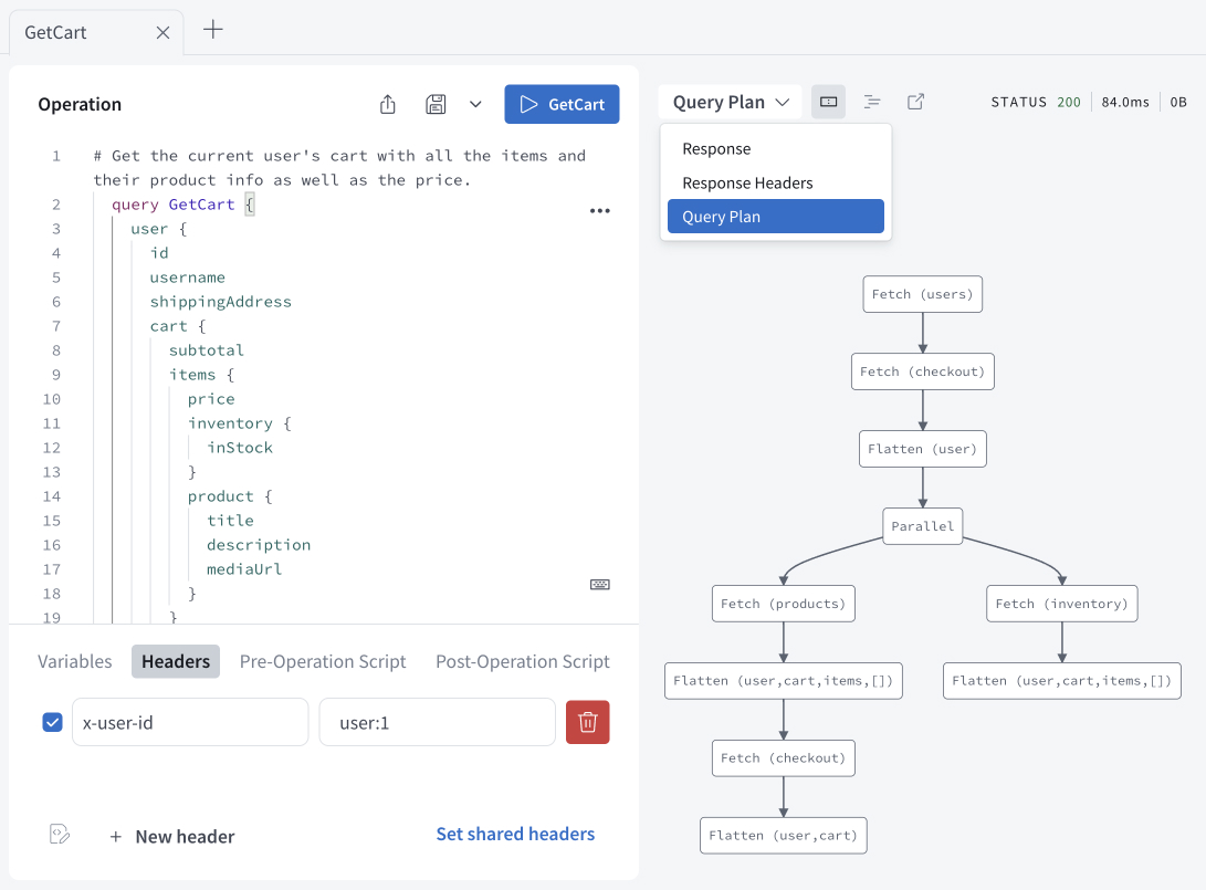 Apollo Sandbox shows a query plan diagram for an operation.